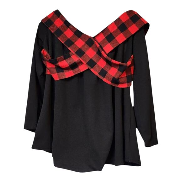 Rosegal Plus Size 2X Black Blouse with Red Plaid Detail – Statement Top - Picture 11 of 11